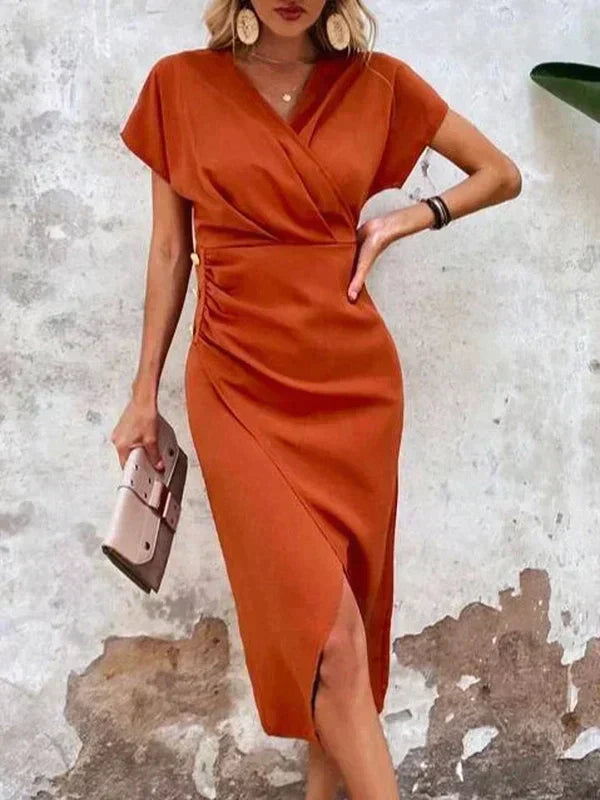 Women's Wrap Midi Dress with Collared Neck and Short Sleeves