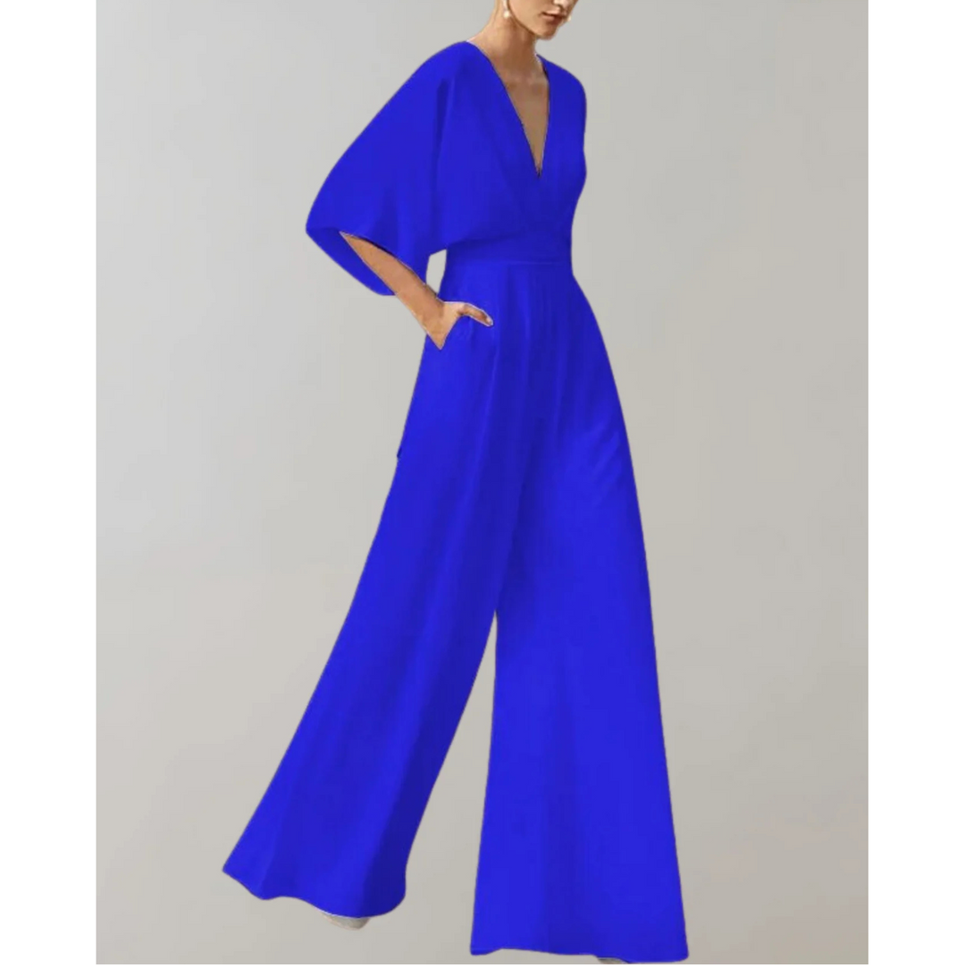 Women's Wide Leg Jumpsuit with V Neck and Short Sleeves