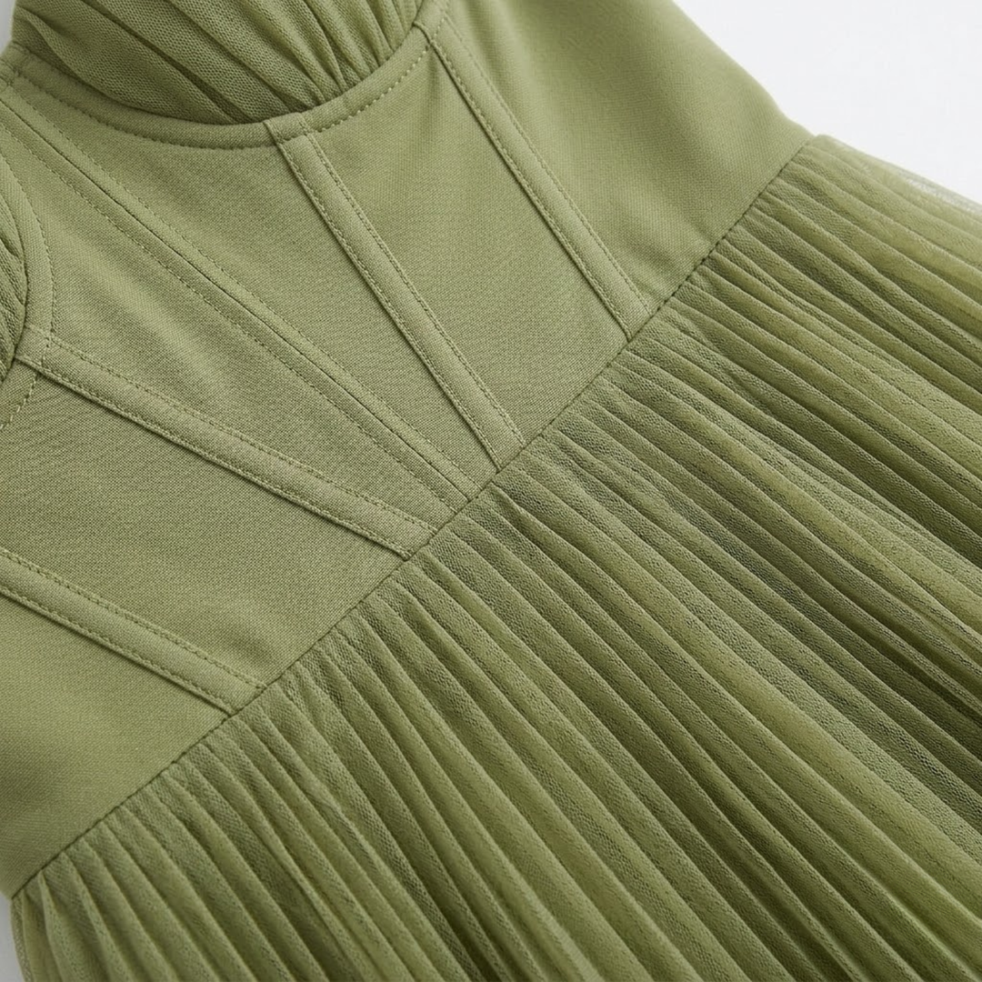 Women's Wedding Guest Strapless Midi Dress with Pleated Skirt