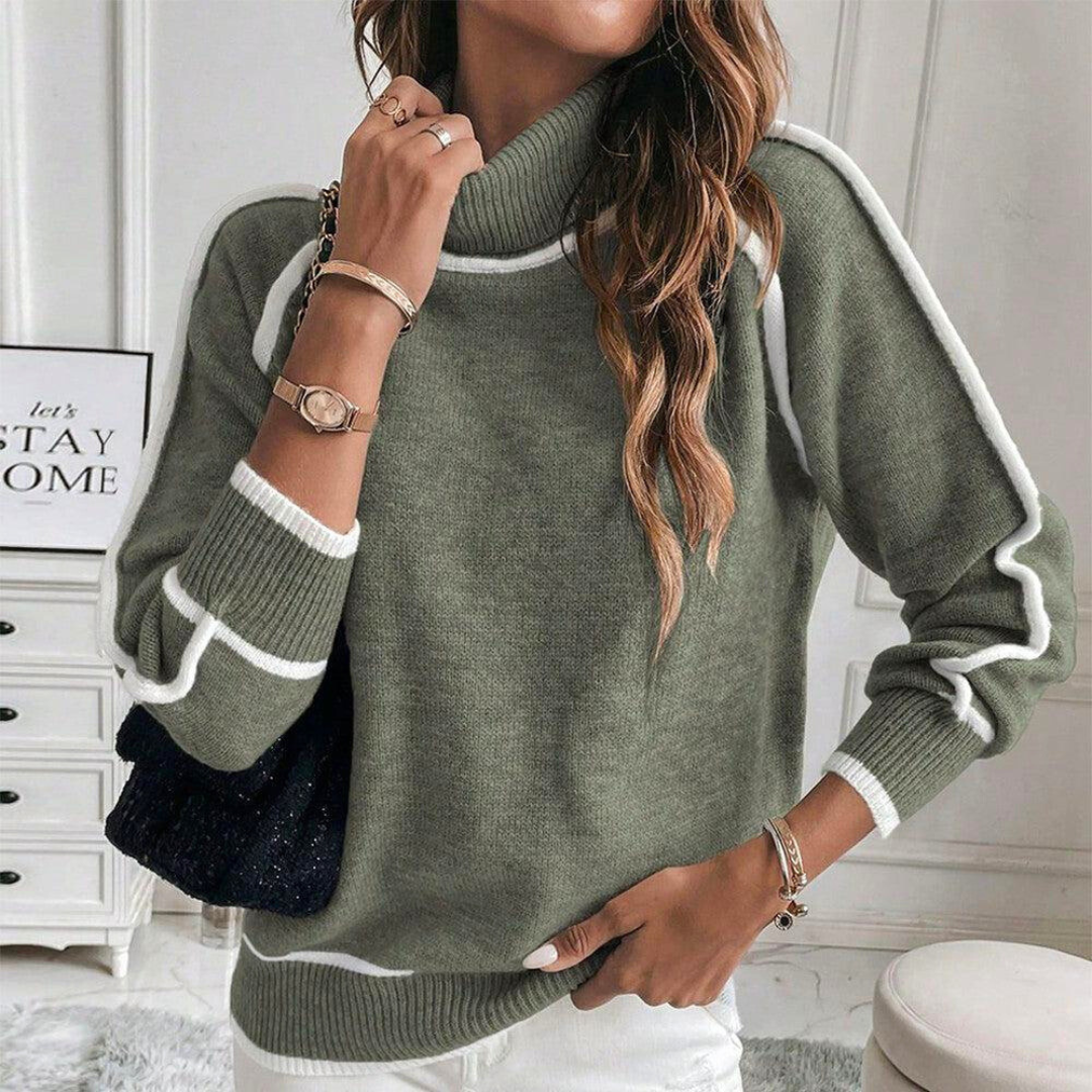 Women's Contrast Trim Knit Jumper with Round Neck and Long Sleeves