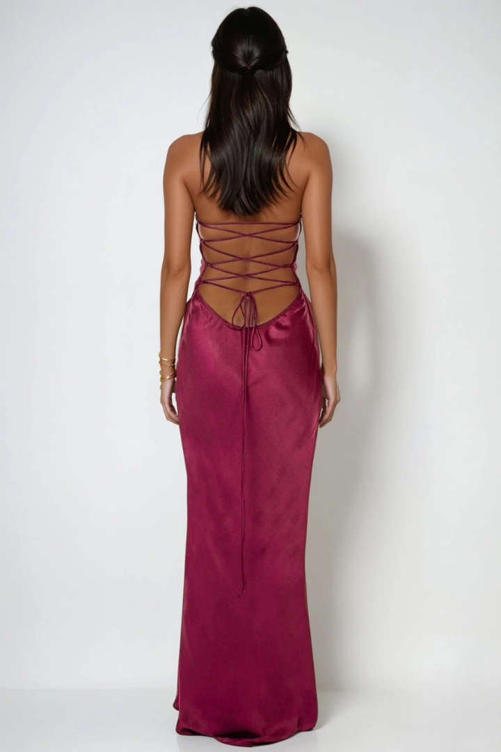 Women's Evening Maxi Dress with Embellished Bodice and Lace Up Back