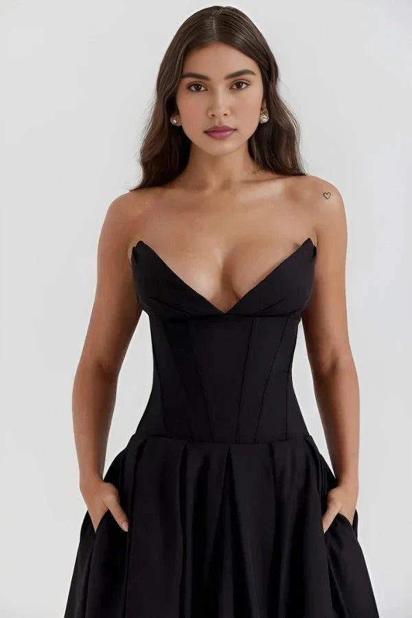 Women's Wedding Guest Corset Midi Dress with Full Skirt