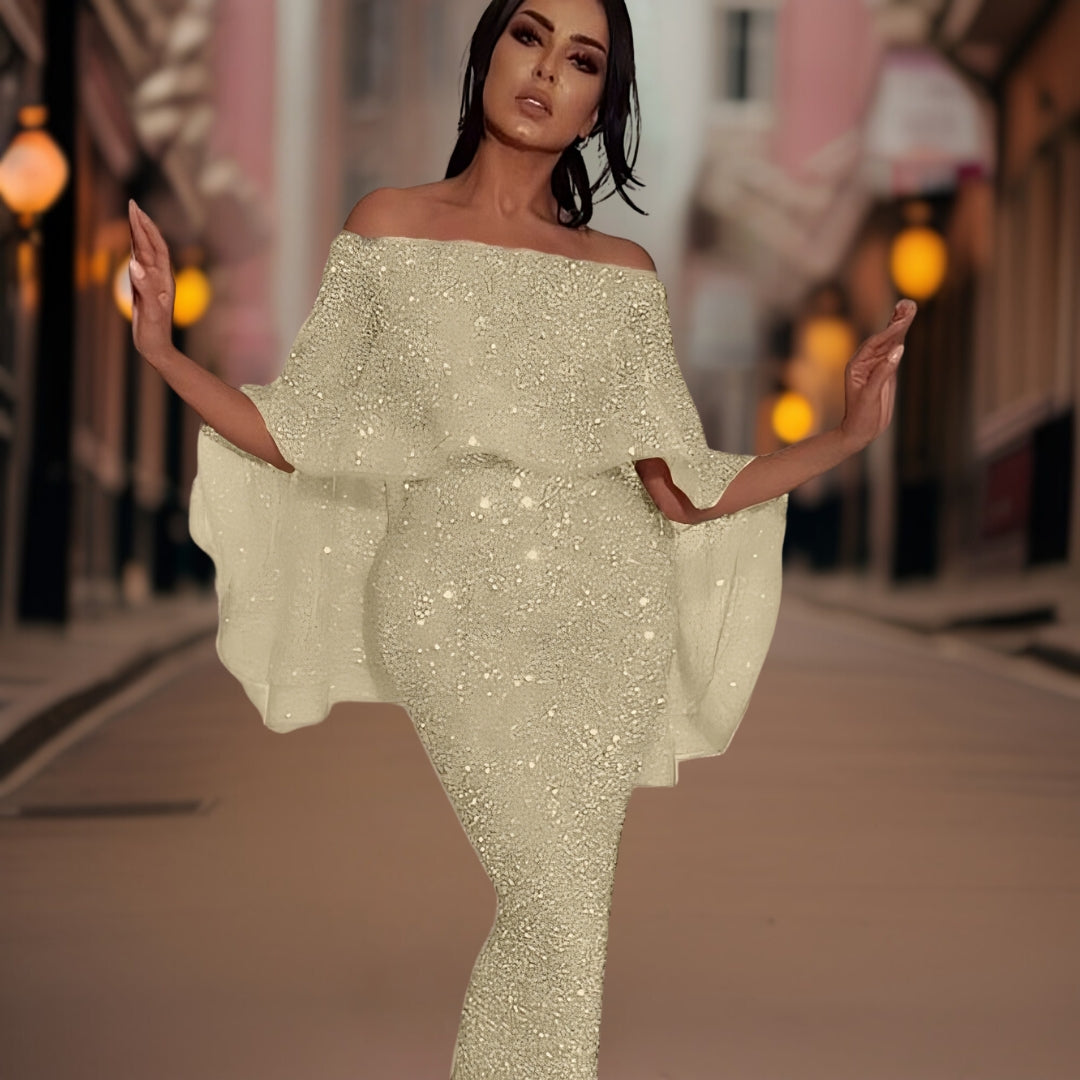 Women's Sequin Maxi Dress with Bardot Neckline and Ruffle Sleeves