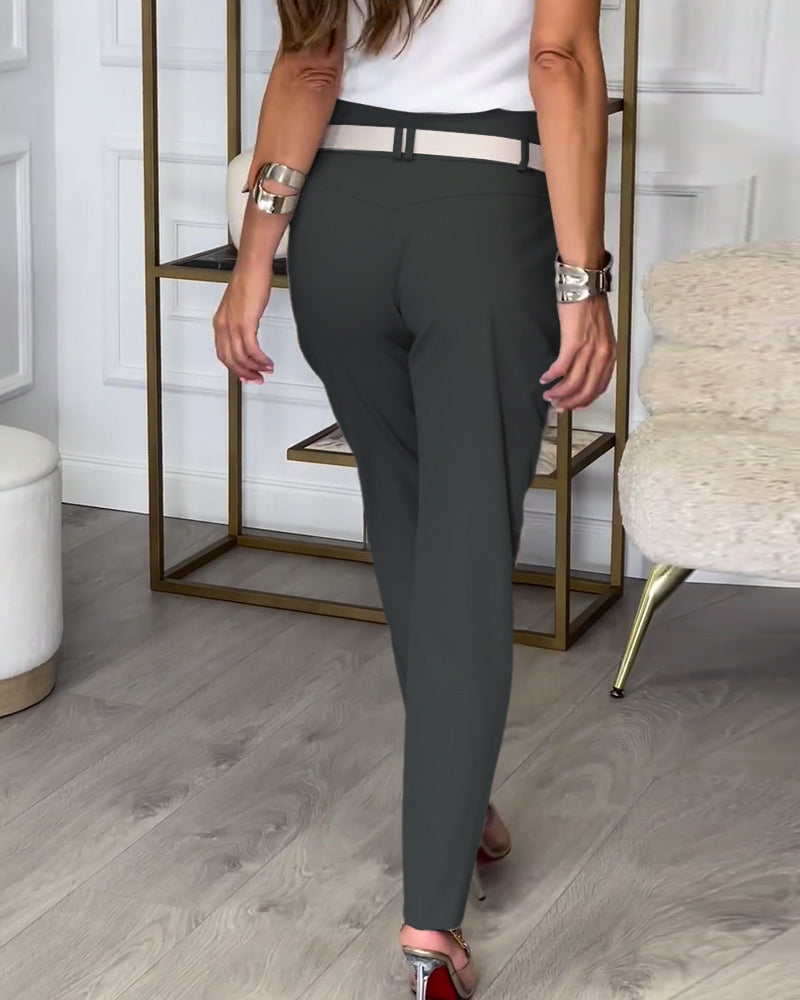 Women's Slim Fit Trousers with Mid Rise Waist and Belt Detail