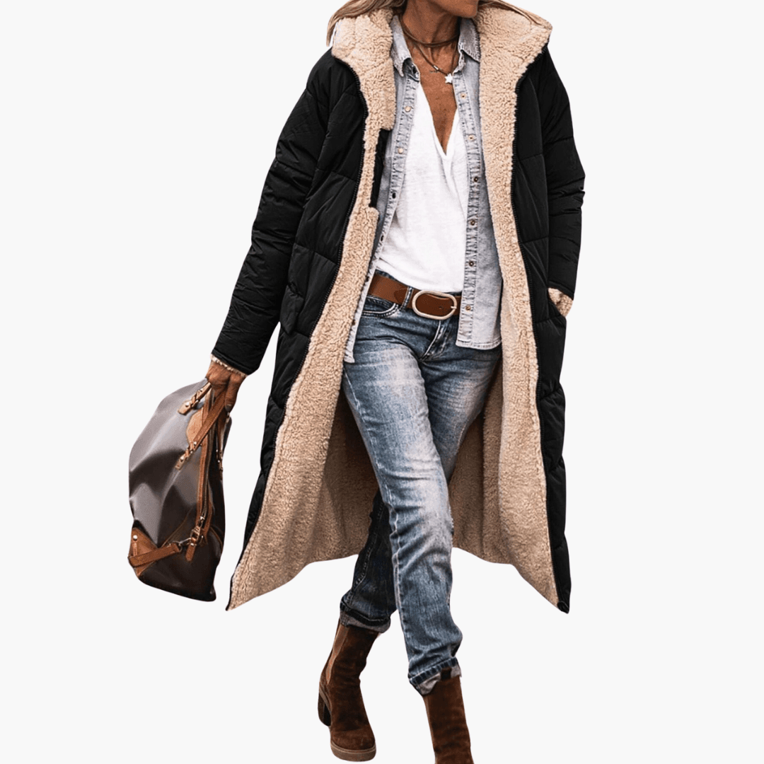 Women's Longline Puffer Coat with Hood and Quilted Design