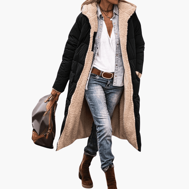 Women's Longline Puffer Coat with Hood and Quilted Design