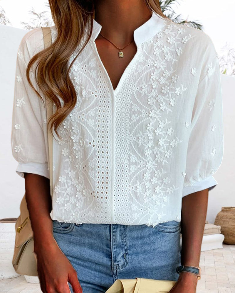 Women's V Neck Blouse with Puff Sleeves and Embroidered Detail
