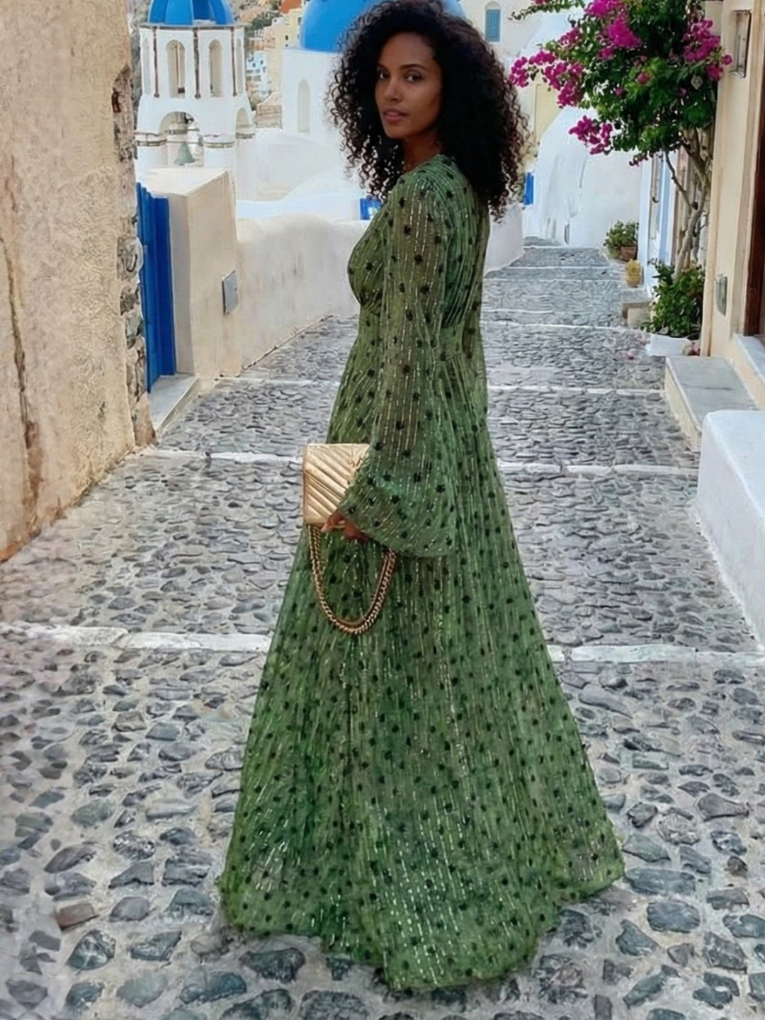 Women's Floral Maxi Dress with V Neck and Long Sleeves