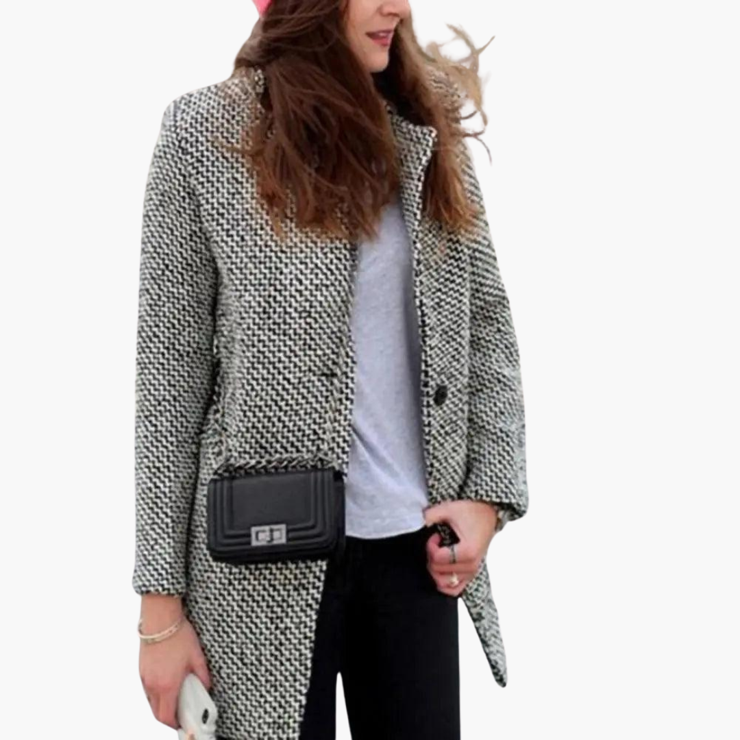 Women's Herringbone Coat with Notch Lapels and Double Breasted Front