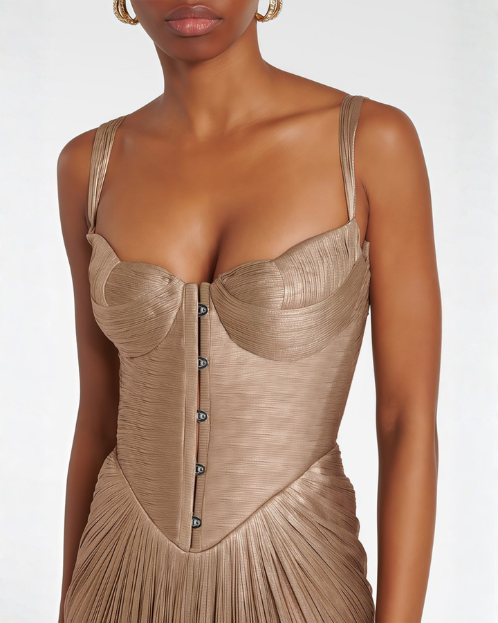 Women's Wedding Guest Maxi Dress with Pleated Bustier and Lace Up Back