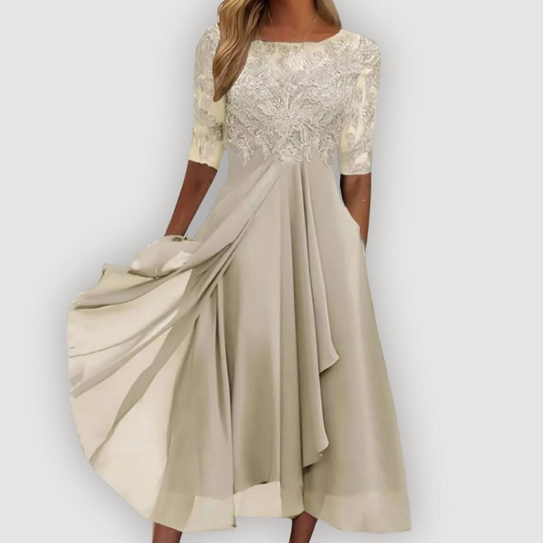 Women's Wedding Guest Chiffon Midi Dress with A Line Skirt