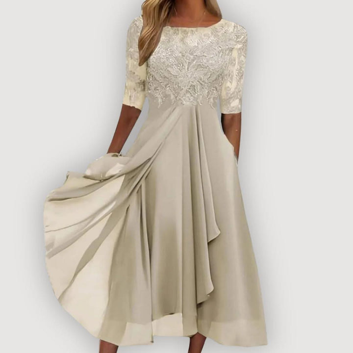 Women's Wedding Guest Chiffon Midi Dress with A Line Skirt