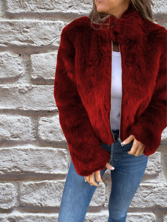 Women's Faux Fur Jacket with High Neck and Zip Front