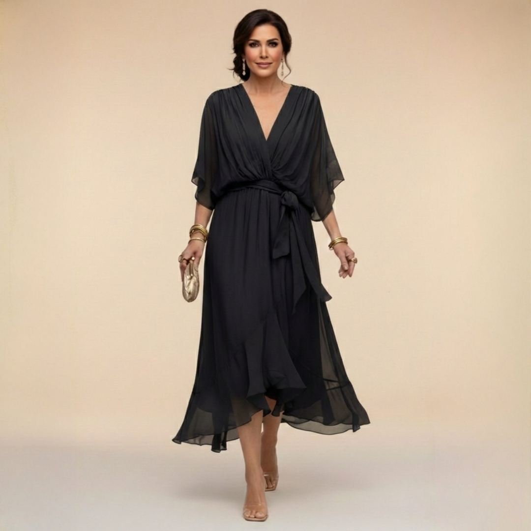 Women's Wedding Guest Midi Dress with V Neck and Flutter Sleeves