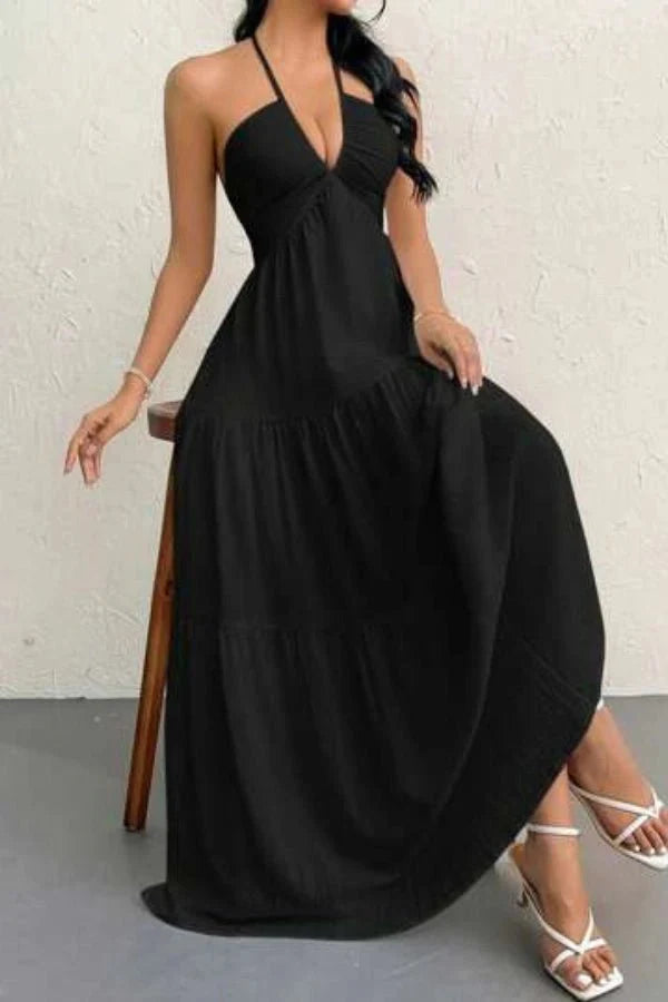Women's Evening Halter Maxi Dress with Open Back