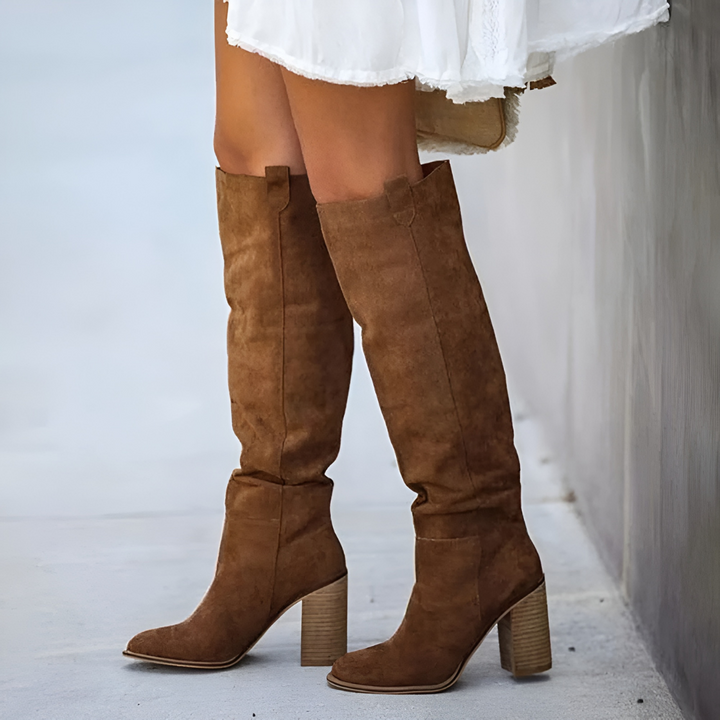 Women's Knee High Boots with Pointed Toe and Block Heel
