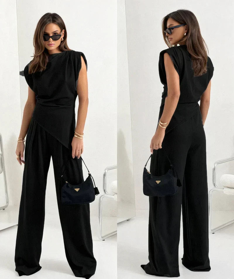 Women's Sleeveless Jumpsuit with Draped Waist and Wide Leg Design