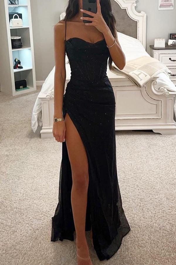 Women's Evening Maxi Dress with Sweetheart Neckline and High Split