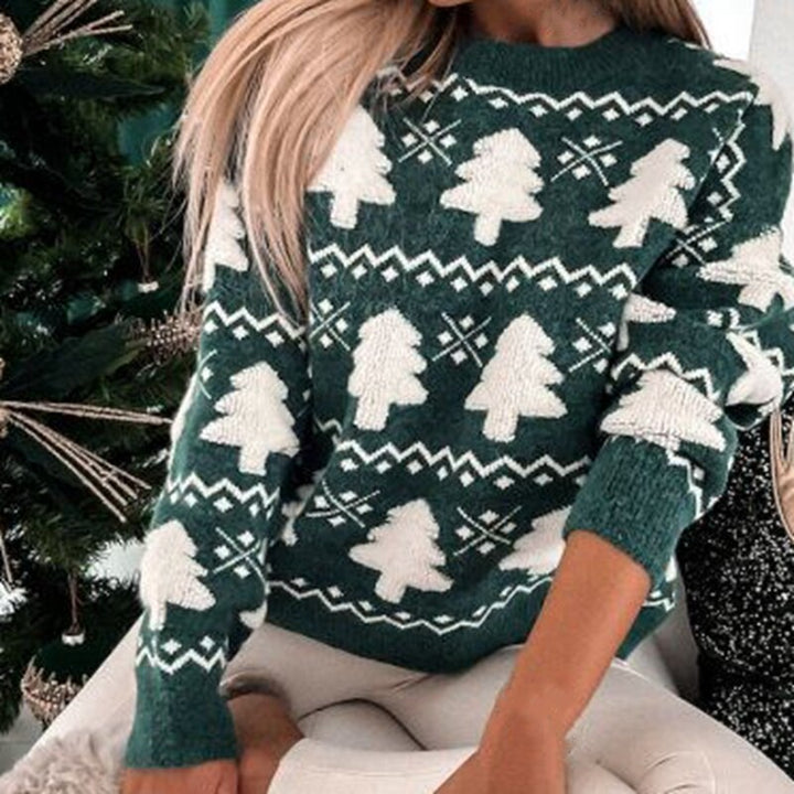 Women's Christmas Knit Jumper with Christmas Tree Pattern and Long Sleeves