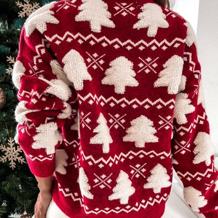 Women's Christmas Knit Jumper with Christmas Tree Pattern and Long Sleeves