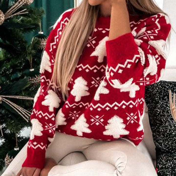 Women's Christmas Knit Jumper with Christmas Tree Pattern and Long Sleeves