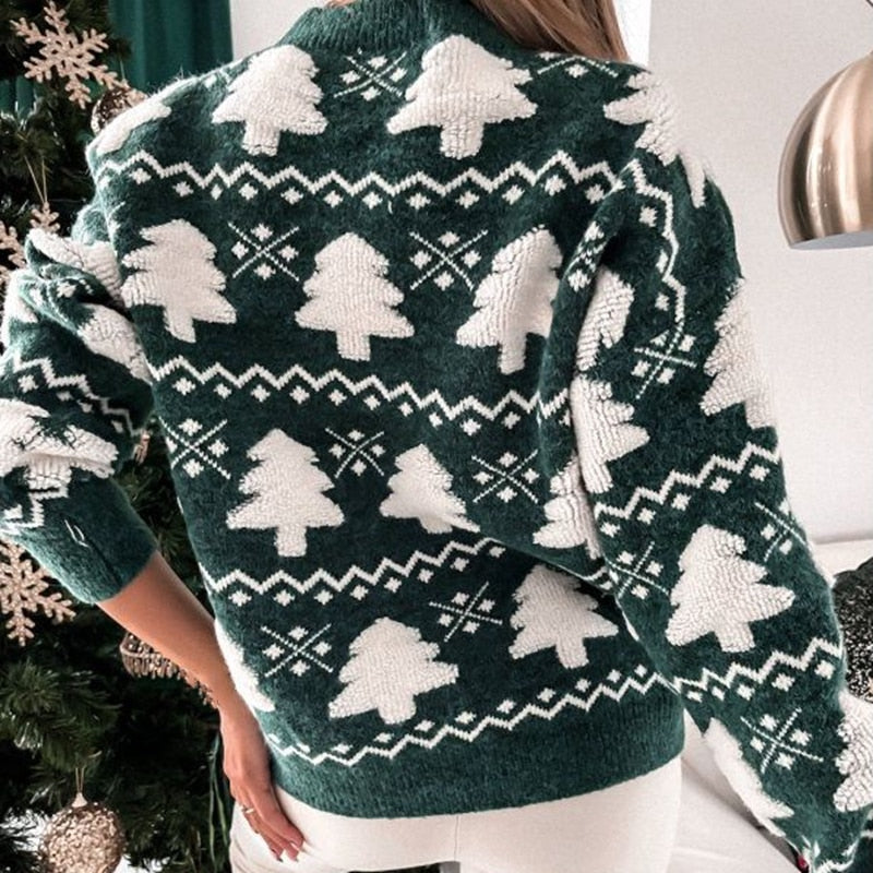 Women's Christmas Knit Jumper with Christmas Tree Pattern and Long Sleeves