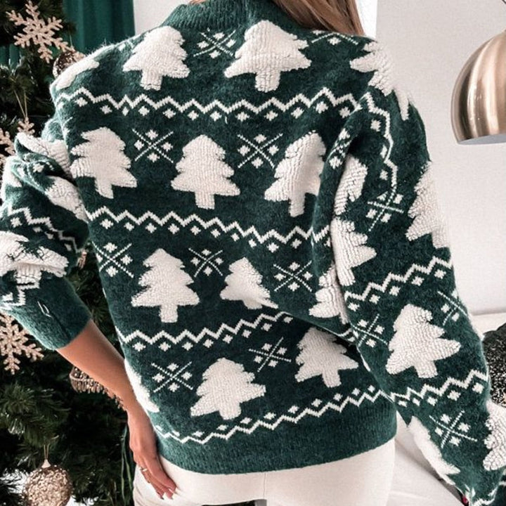 Women's Christmas Knit Jumper with Christmas Tree Pattern and Long Sleeves