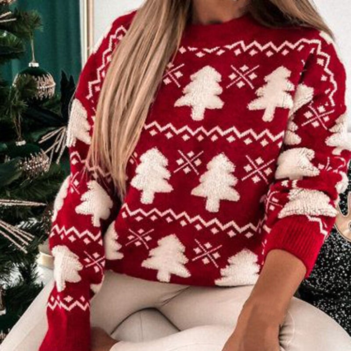 Women's Christmas Knit Jumper with Christmas Tree Pattern and Long Sleeves