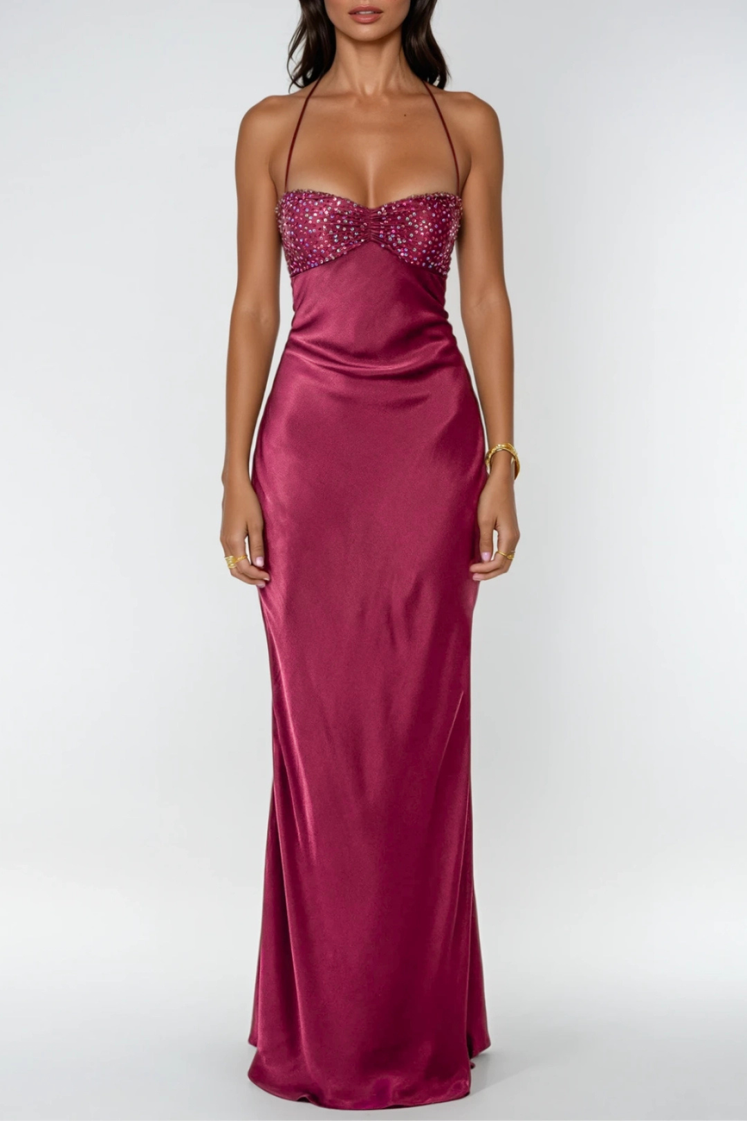 Women's Evening Maxi Dress with Embellished Bodice and Lace Up Back