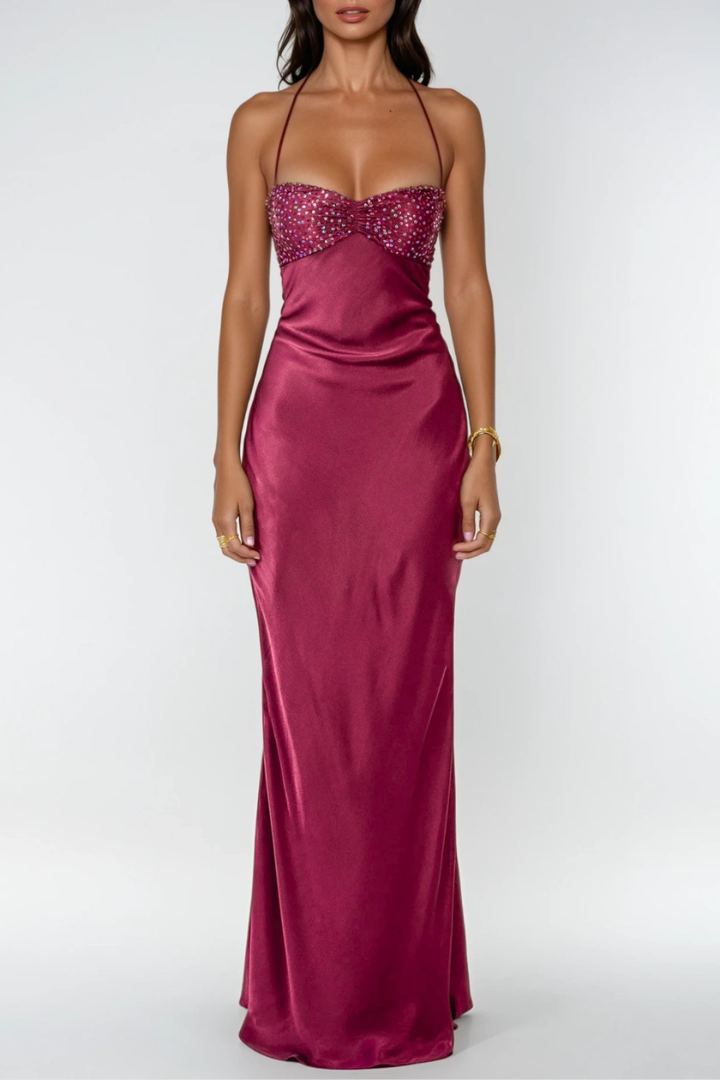 Women's Evening Maxi Dress with Embellished Bodice and Lace Up Back