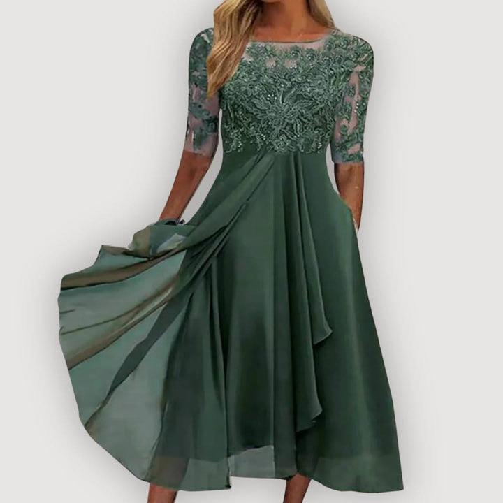 Women's Wedding Guest Chiffon Midi Dress with A Line Skirt