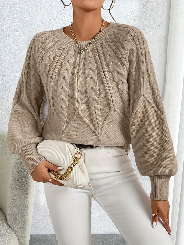 Women's Cable Knit Jumper with Round Neck and Ribbed Texture