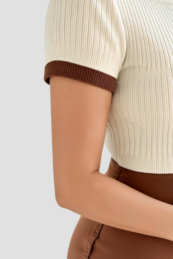 Women's Ribbed Top with Collared Neckline and Short Sleeves