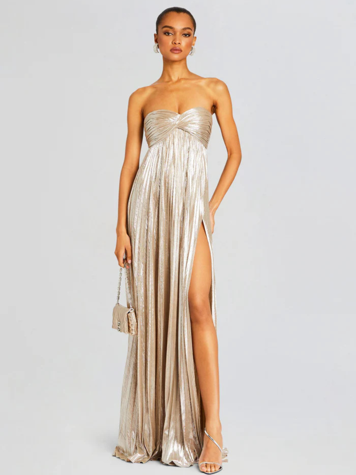 Women's Evening Strapless Maxi Dress with Twisted Bodice and High Slit