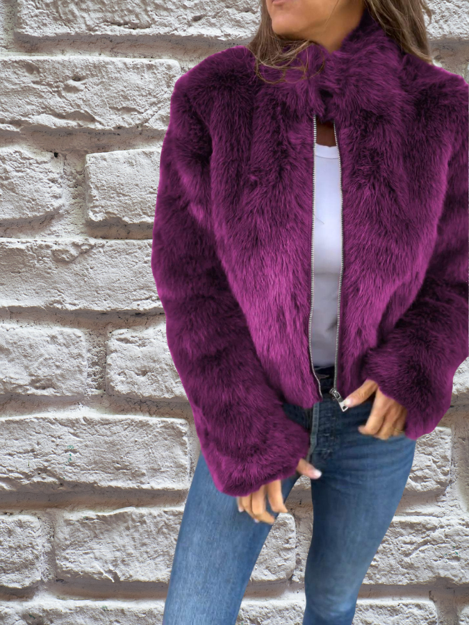 Women's Faux Fur Jacket with High Neck and Zip Front