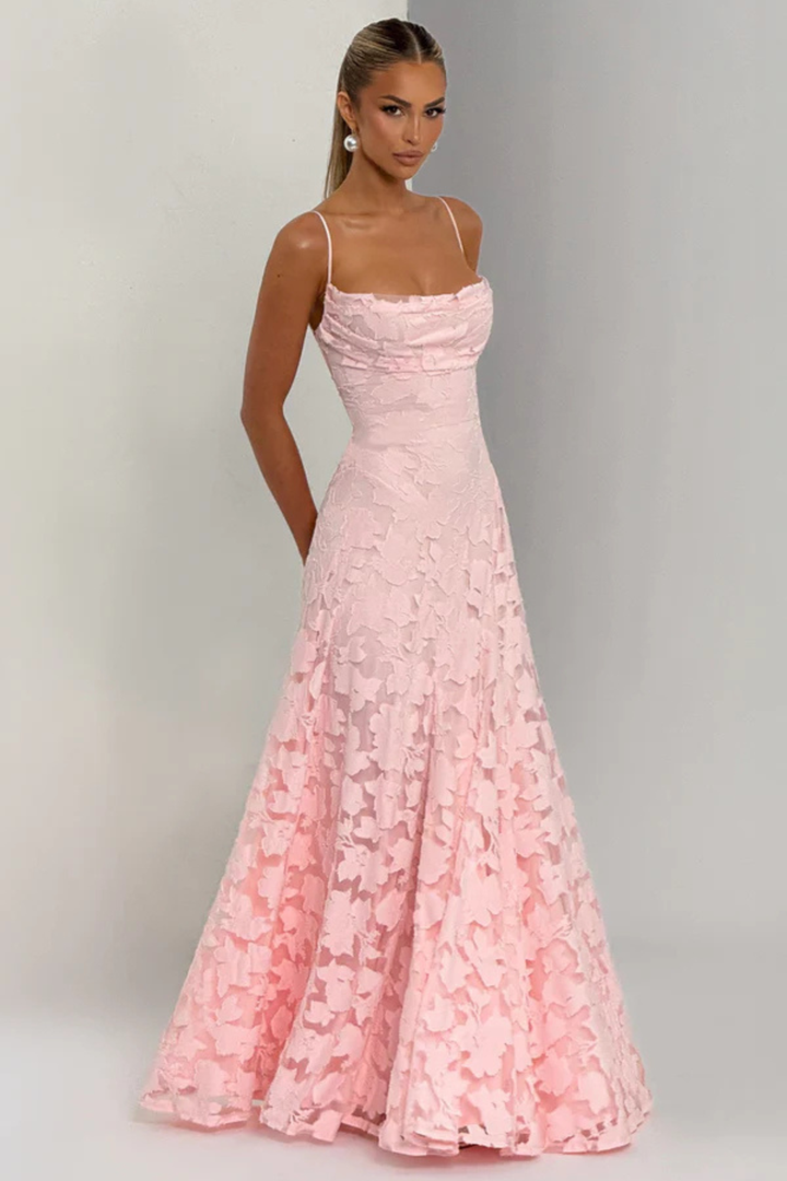 Women's Wedding Guest Maxi Dress with Floral Lace and Square Neckline