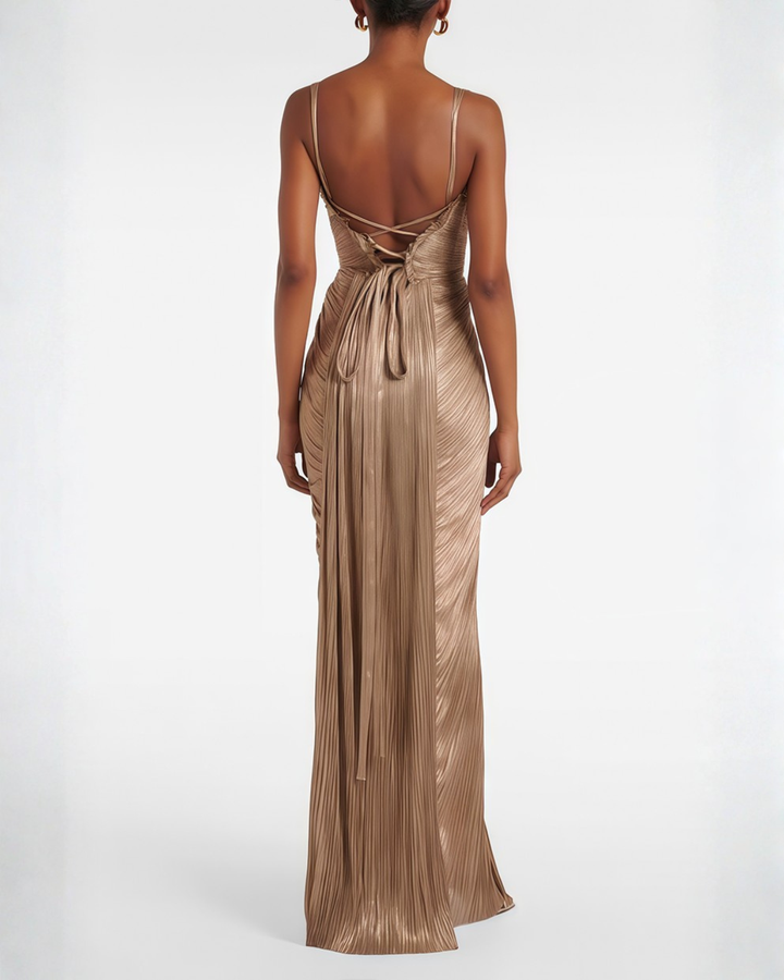 Women's Wedding Guest Maxi Dress with Pleated Bustier and Lace Up Back