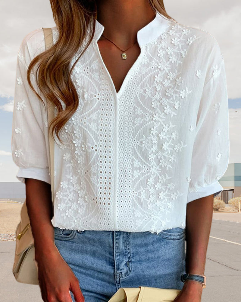 Women's V Neck Blouse with Puff Sleeves and Embroidered Detail