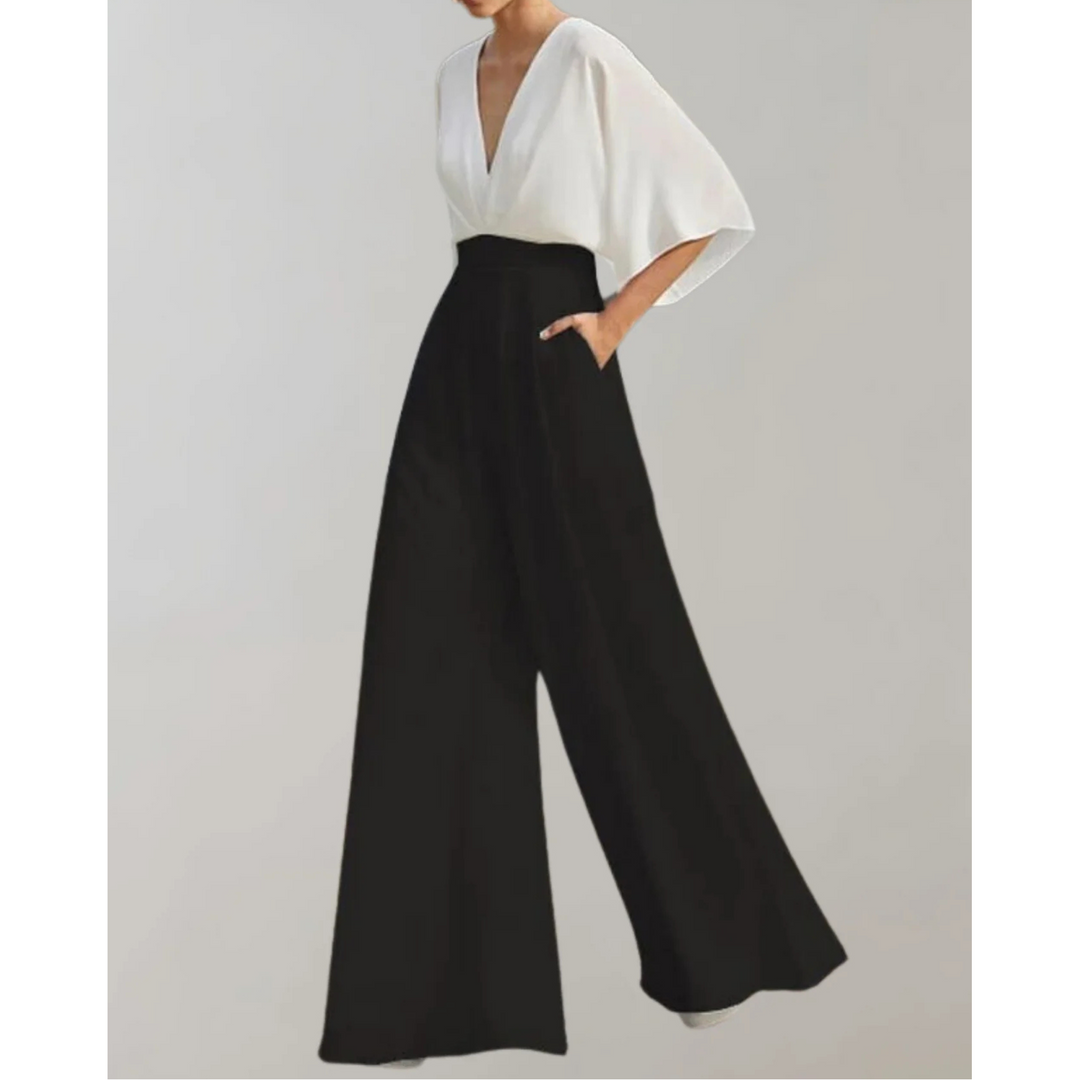 Women's Wide Leg Jumpsuit with V Neck and Short Sleeves