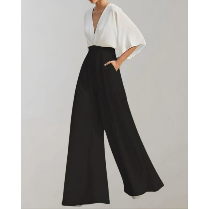 Women's Wide Leg Jumpsuit with V Neck and Short Sleeves