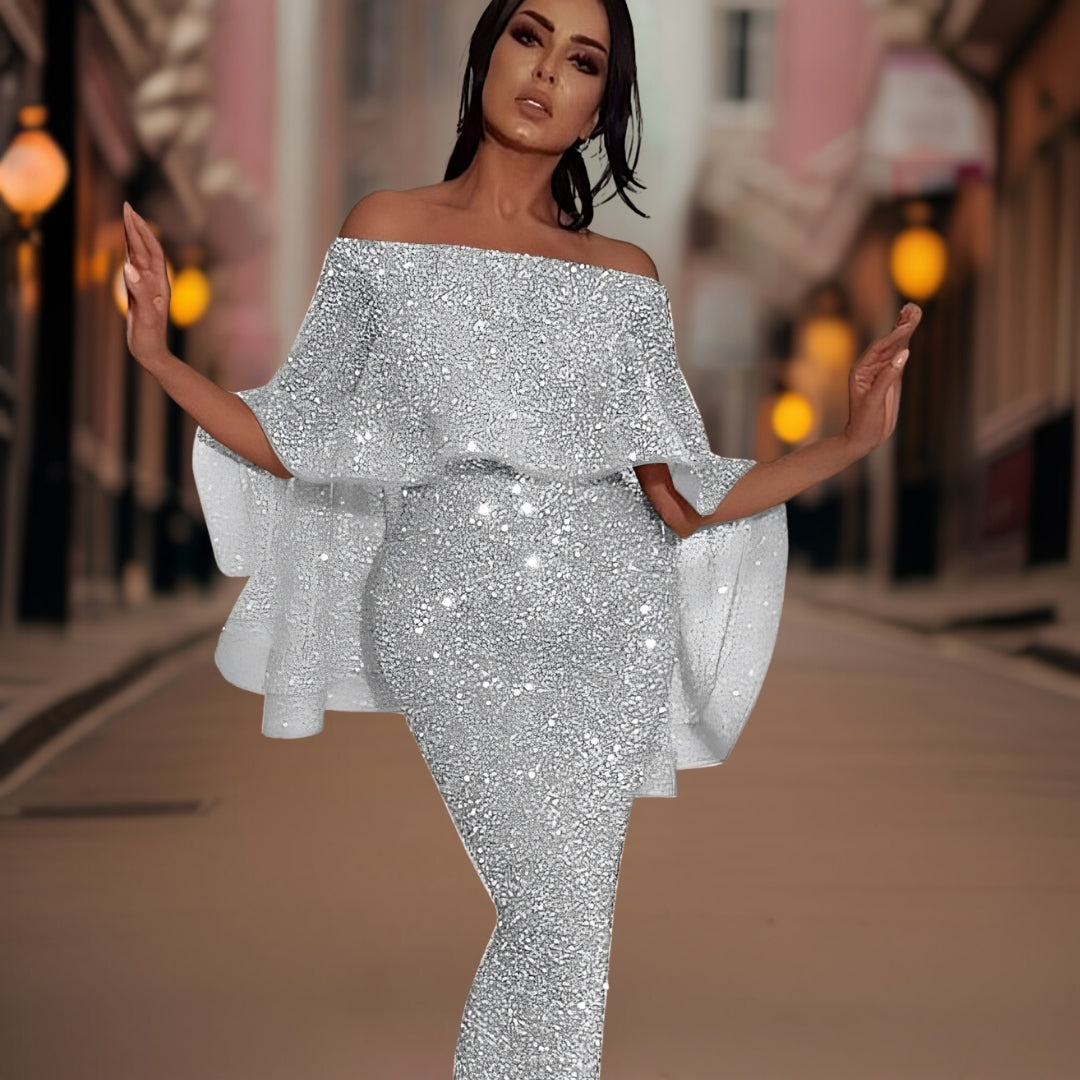 Women's Sequin Maxi Dress with Bardot Neckline and Ruffle Sleeves