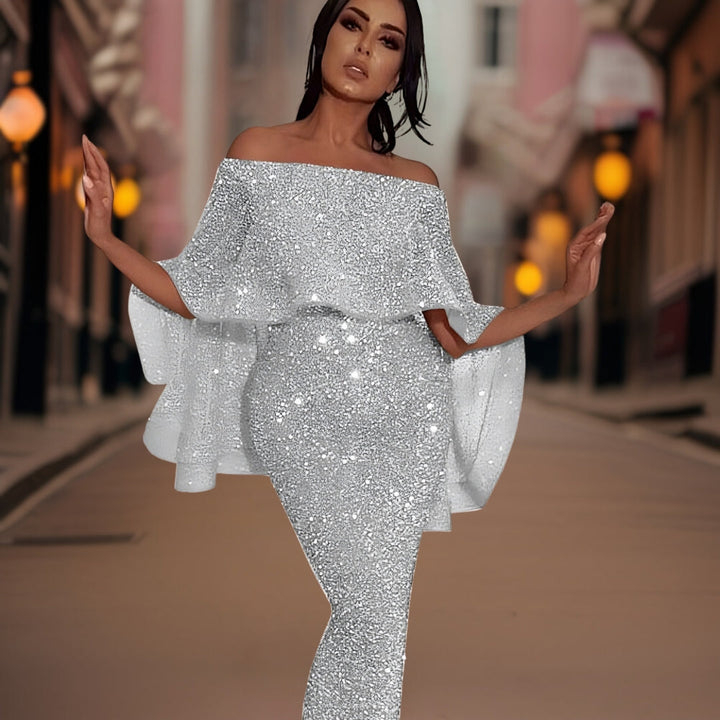Women's Sequin Maxi Dress with Bardot Neckline and Ruffle Sleeves
