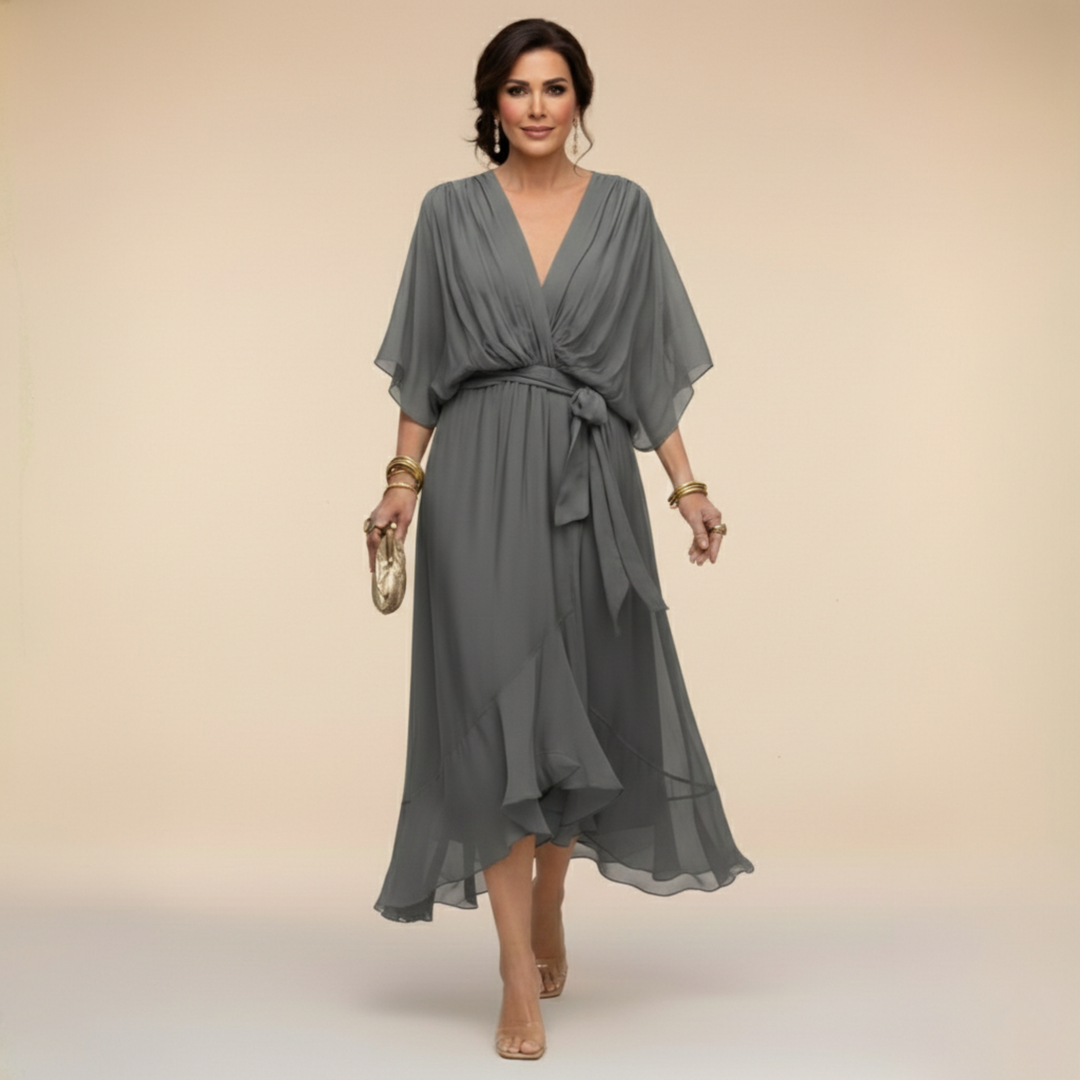 Women's Wedding Guest Midi Dress with V Neck and Flutter Sleeves