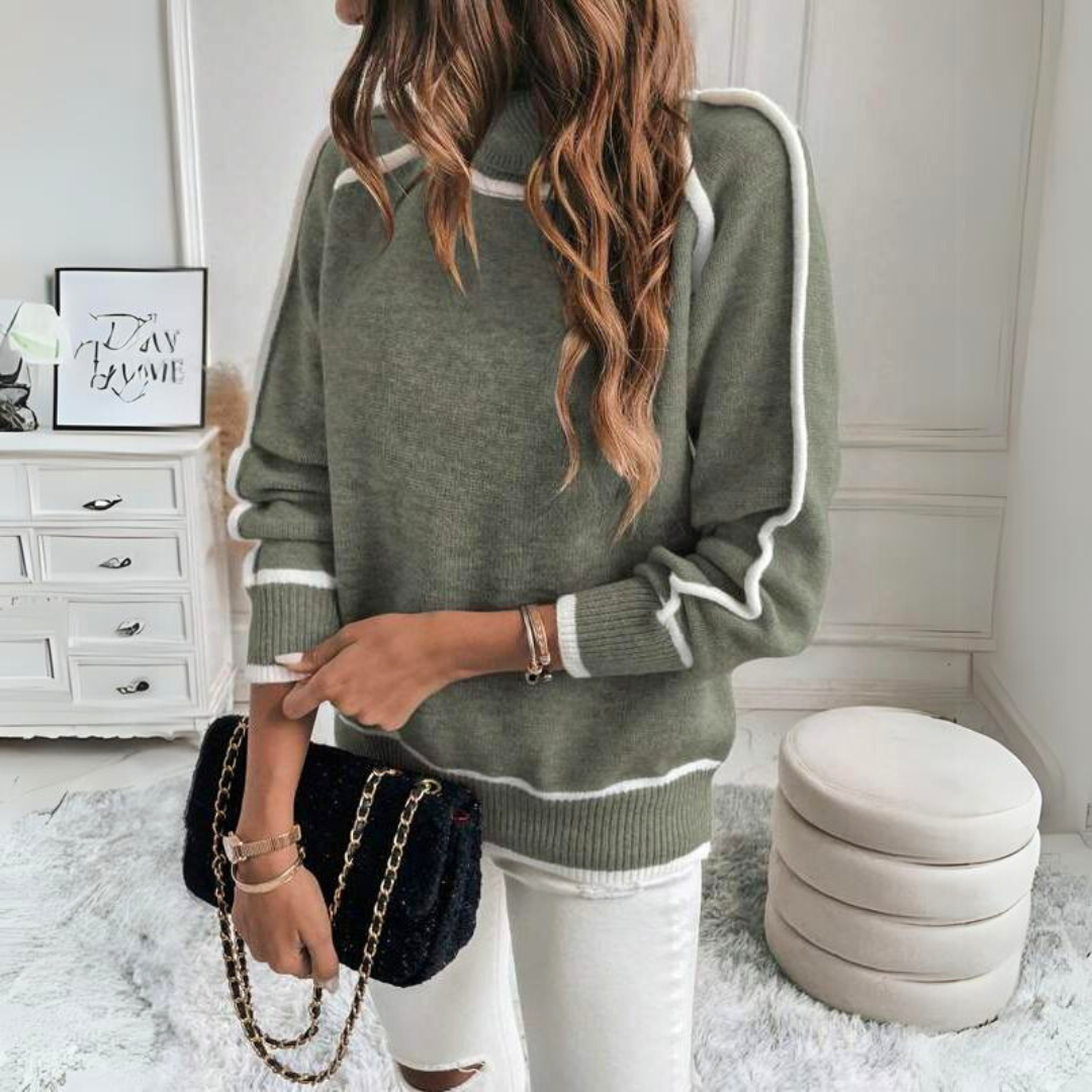 Women's Contrast Trim Knit Jumper with Round Neck and Long Sleeves