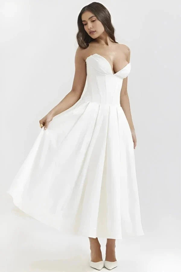Women's Wedding Guest Corset Midi Dress with Full Skirt