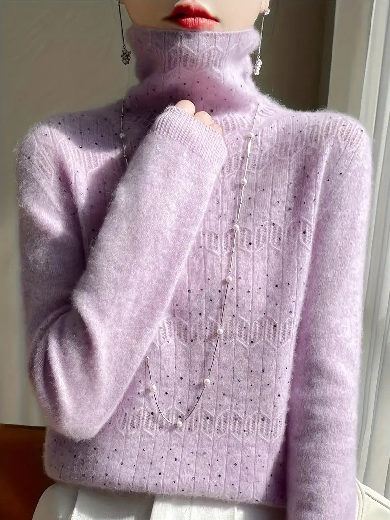 Women's Knitted Turtleneck Jumper with Textured Detail and Relaxed Fit