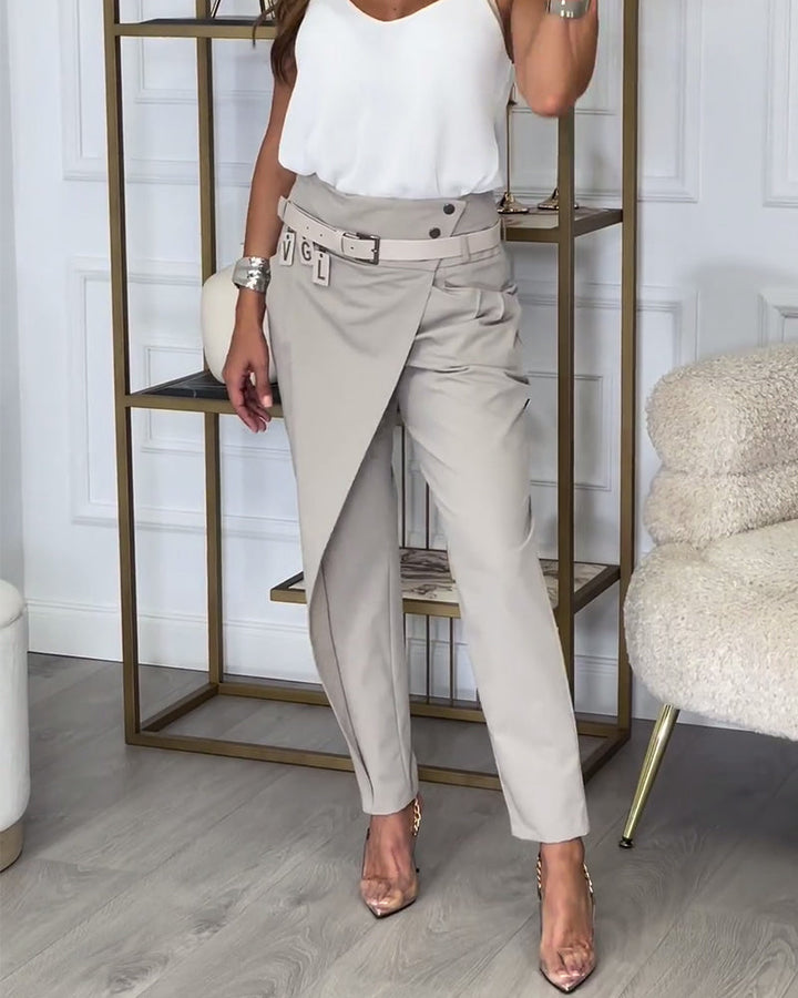 Women's Slim Fit Trousers with Mid Rise Waist and Belt Detail