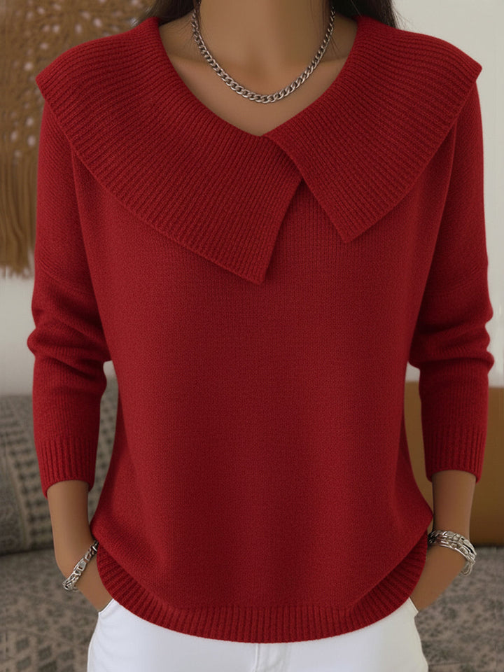 Women's Collared Knit Jumper with V Neck and Long Sleeves