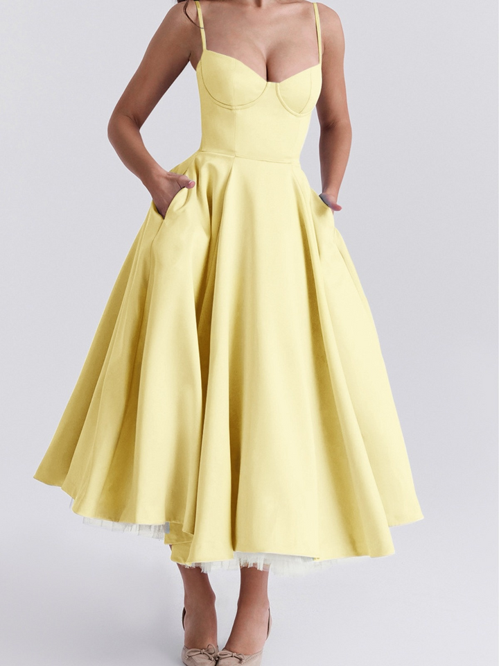 Women's Wedding Guest Midi Dress with Sweetheart Neckline and Fit and Flare Skirt
