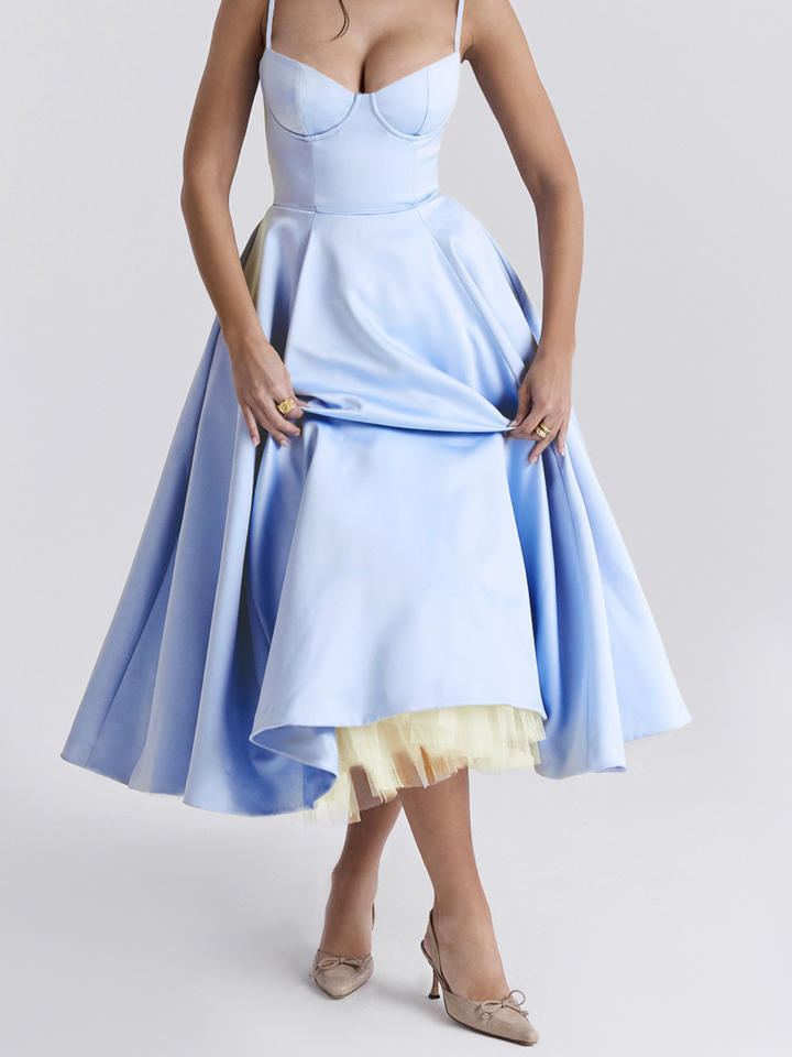 Women's Wedding Guest Midi Dress with Sweetheart Neckline and Fit and Flare Skirt